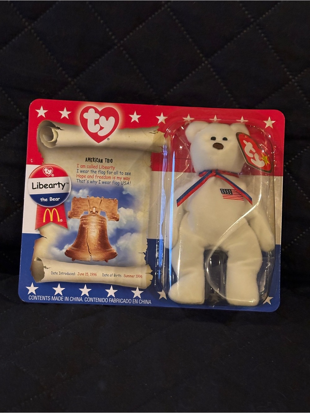 Ty Beanie Baby White Libearty Bear w/ Red & Blue Ribbon and American Flag Patch